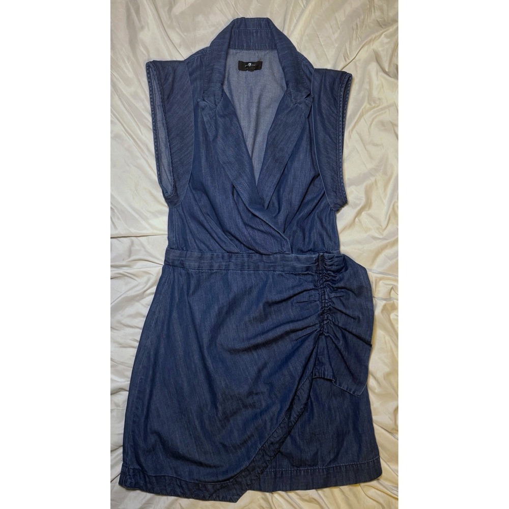 7 For All Mankind Sleeveless Denim Wrap Dress Womens Small Blue Ruched Mini